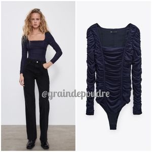Zara Indigo Navy Blue Tulle Ruched Bodysuit XS